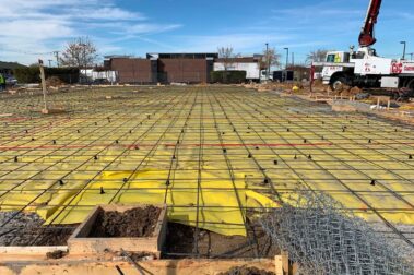 Retail concrete construction project with rebar ready to pour concrete paving